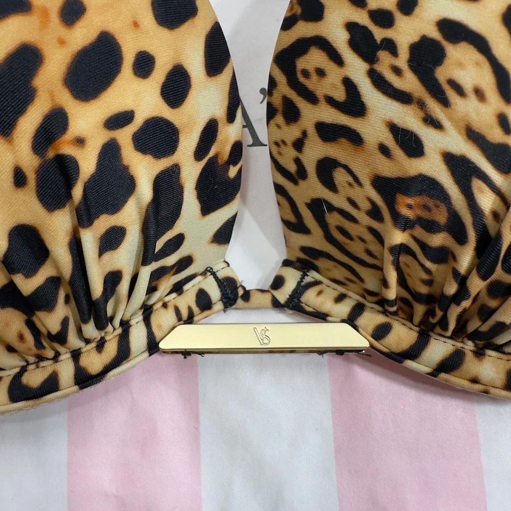 NEW VS Bombshell‎ Leopard Print Push Up Halter Bikini Top Gold Hardware 34A